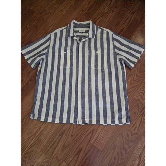 American Eagle Outfitters Tops - American Eagle Linen Blend Striped Short Sleeve Button Down Shirt Blue XL Tall